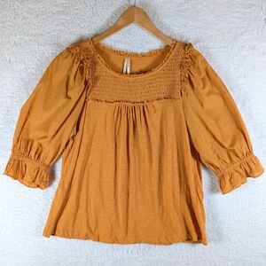 385-Anthropologie Orange Smocked Blouse 💯 Cotton